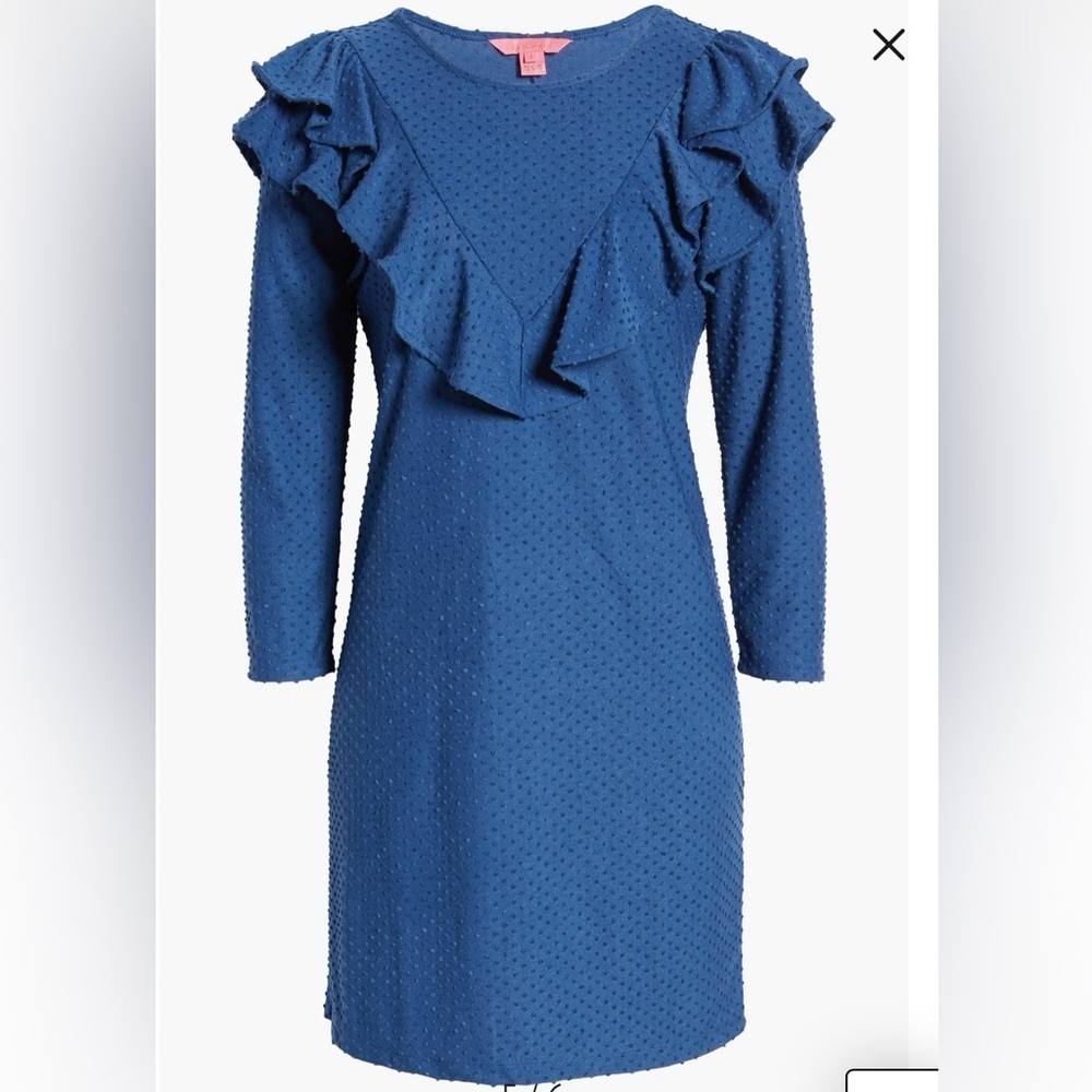 Lilly Pulitzer Pheby Blue Flocked Dot Ruffle Long Sleeve Sheath Dress Sz XS